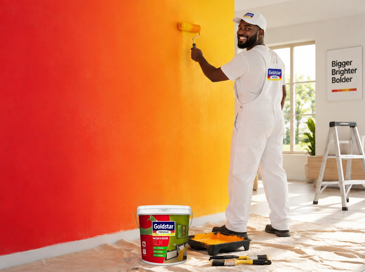 A Goldstar painter rolling vibrant red, orange and yellow paint onto a wall